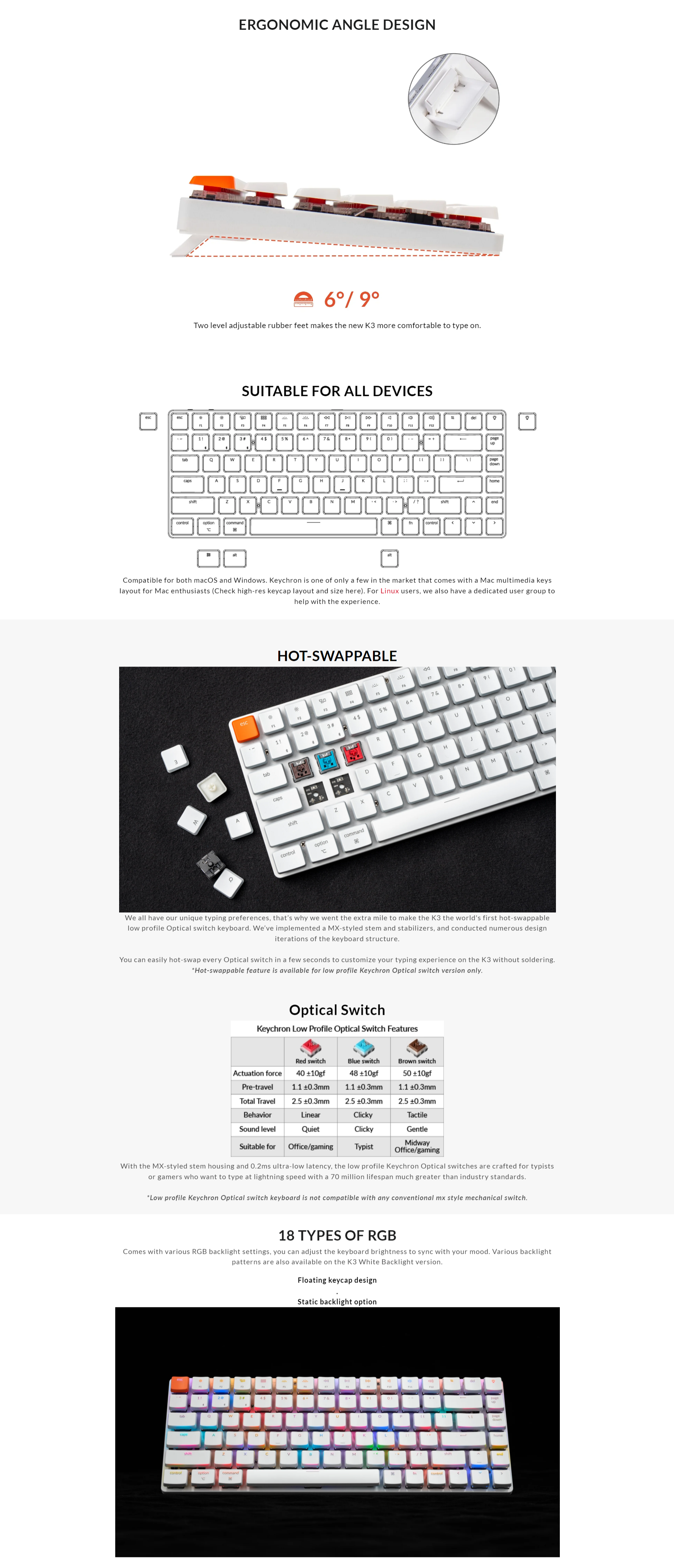 A large marketing image providing additional information about the product Keychron K3 V2 RGB Low Profile Hot-Swappable 75% Wireless Mechanical Keyboard - White (Blue Switch) - Additional alt info not provided
